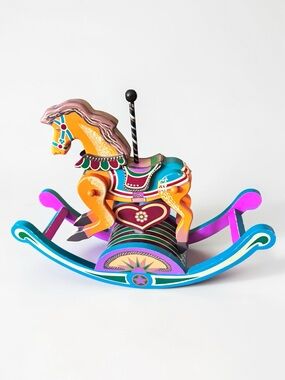 Folk Art Hand Painted Wooden Rocking Horse Decor Vintage